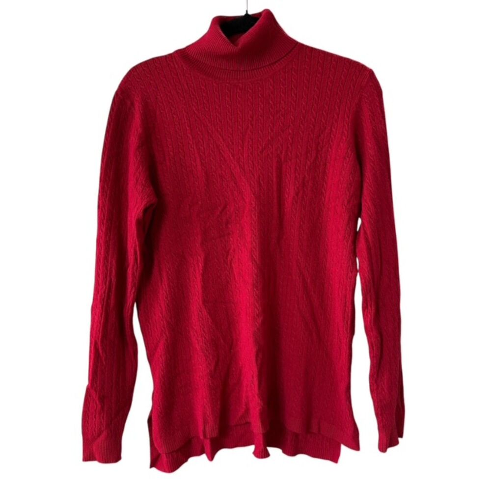 RED Cable Knit Turtleneck Hi Low Hem Pullover Tunic‎ Sweater Large